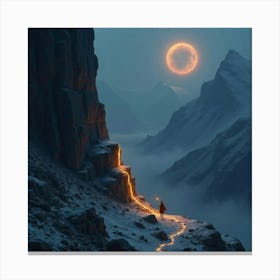 A Glowing Rune Carved Into The Side Of A Mountain Cliff 1 Canvas Print