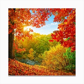 Autumnal Landscape Leaves In Vibrant Oranges Reds And Yellows Scattered Acorns Nestled Amidst Th (3) Canvas Print