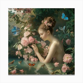 A Serene And Ethereal Scene Unfolds In A Lush Garden. Canvas Print