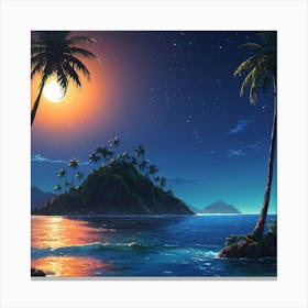 Serene Tropical Island at Moonlit Night With Glistening Ocean Waters Canvas Print