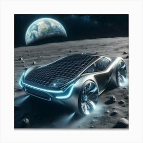 A futuristic, sleek car drives on the moon, with Earth visible. Canvas Print