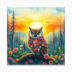 An Owl With Feathers Made Of Flowers, Sitting In A Bright Watercolor Forest At Sunset Canvas Print