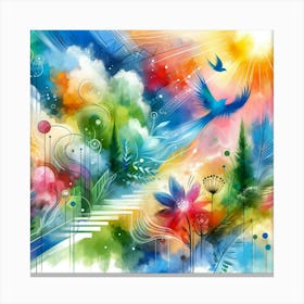 Watercolor Of Flowers And Birds Canvas Print