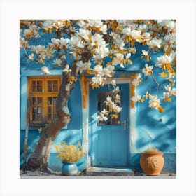 Blue House With Magnolia Tree Canvas Print
