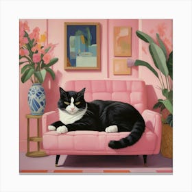 Default Cat Nap Tuxedo Cat Napping In Pink Interior Art 0 Canvas Print