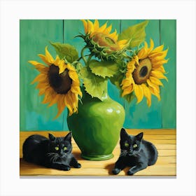 Vase With Three Sunflowers With A Black Cat, Van Gogh Inspired 4 Canvas Print