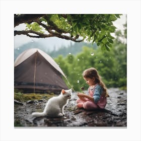 Little Girl With Cat In The Rain Canvas Print