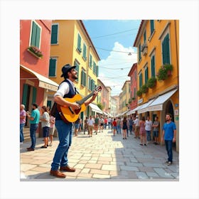 Watercolor Painting Of An Italian Musician Performing At A Lively Street Festival Canvas Print