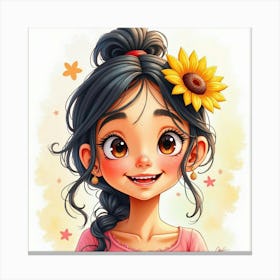 Spanish Girl With A Joyful Expression, Watercolor With Bright, Lively Colors 1 Canvas Print