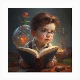 Little Boy Reading A Book Canvas Print