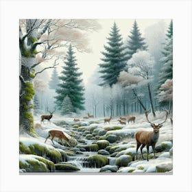 Deer Among The Snow Trees, Acrylic Painting Style Canvas Print