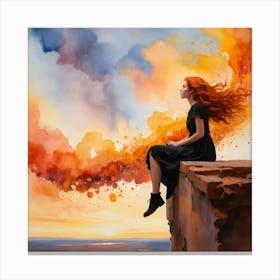 Girl Sitting On A Cliff Canvas Print