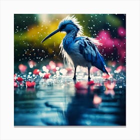 Blue Bird Chick with Floating Flowers Canvas Print
