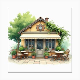 Charming Garden Café In Watercolor, With Outdoor Seating And Lush Plants Canvas Print