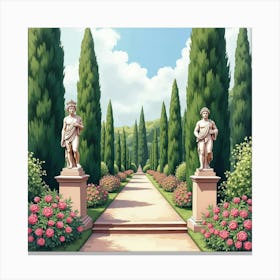 Lush Watercolor Italian Garden With Blooming Flowers And Classic Statues 1 Canvas Print