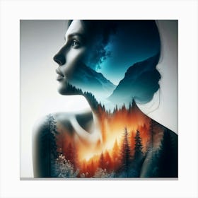 Double Exposure Dreamscape Beautiful Woman In The Forest and Mountains Canvas Print