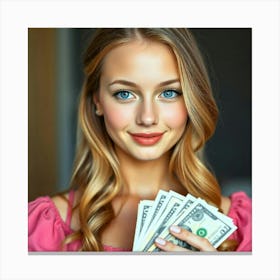 Beautiful Young Woman Holding Money Canvas Print