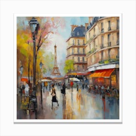 Paris In The Rain.Paris city, pedestrians, cafes, oil paints, spring colors. Canvas Print