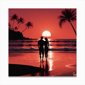 Couple At Sunset On The Beach Canvas Print