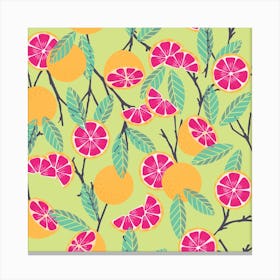 Grapefruit Pattern On Lime Green With Floral Decoration Square Canvas Print