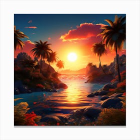 Sunset At The Beach, wall art of sunset, palm trees, orange sky, light rese of sun Canvas Print