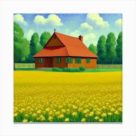 Simple Country Life A Farmhouse at Sunset Dandelion Field Canvas Print