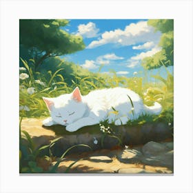 White Cat Sleeping In The Grass 4 Canvas Print