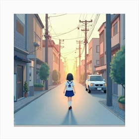 Japanese Schoolgirl Walking Through A Quiet City Street At Dawn, Soft Pastel Colors, Watercolor Art Canvas Print