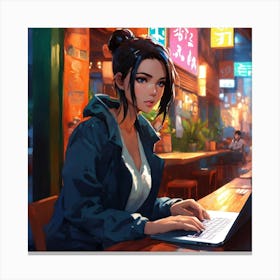Girl Working On A Laptop Canvas Print