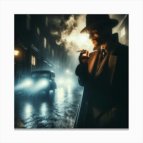 Man In Hat Smoking A Cigarette In The Rain Canvas Print
