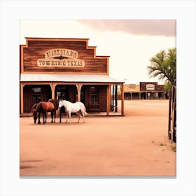 Horses In Front Of A Western Town Canvas Print