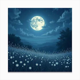 Enchanting Moonlit Meadow With Softly Glowing Flowers 1 Canvas Print