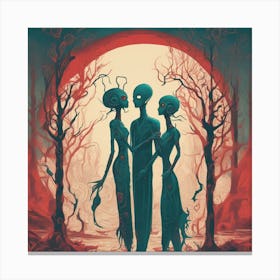 Alien Couple Painted To Mimic Humans, In The Style Of Surrealistic Elements, Folk Art Inspired Illu (2) Canvas Print