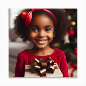 Little Girl Holding Christmas Gift Canvas Print