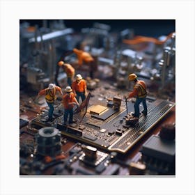 Miniature Workers On A Computer Board Canvas Print