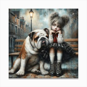 Girl And A Bulldog Canvas Print