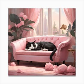 Cat Nap Tuxedo Cat Napping In Pink Interior Art Print 5 Canvas Print