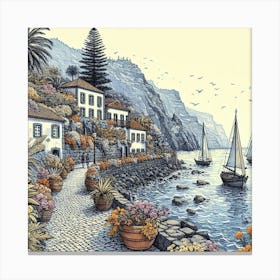 Enchanting Madeira: Village Line Art Inspired by Aubrey Beardsley, Watercolor Magic in the Style of Arthur Rackham. Ocean Views, Sailboats, and Cobbled Walkways Await! Canvas Print