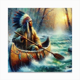 Oil Texture Native American Indian Canoeing Canvas Print