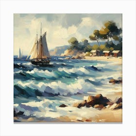 Sailboat On The Beach, Acrylic Painting Style Canvas Print