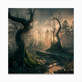 reclaims ,Explore the Enigmatic Beauty of a Post-Apocalyptic Forest: Twisted Trees, Charred Remnants, and Nature's Resilience. 🌲📸 #PostApocalyptic #ForestScene ##reclaims#NaturePhotography Canvas Print