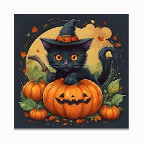 Black Cat Halloween Pumpkins Canvas Print