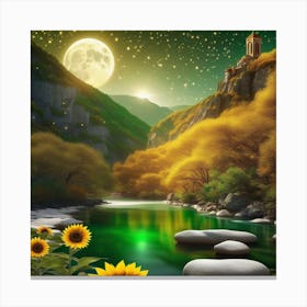 Night Landscape With Sunflowers Canvas Print