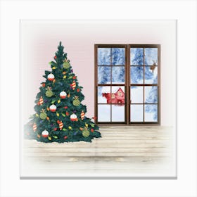 Christmas Tree In Front Of Window Christmas landscapes Canvas Print