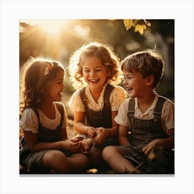 Three Children Laughing In Autumn Leaves Canvas Print