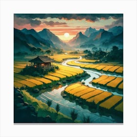 Beautiful views of rice fields, close to the river and surrounded by mountains, 10 Canvas Print