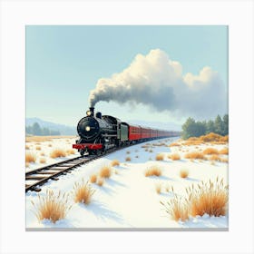 Old Fashioned Train Crossing A Vibrant Watercolor Snow Covered Field 1 Canvas Print