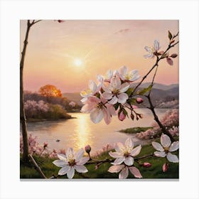 Dew-kissed Blooms and Fiery Skies Cherry Blossoms At Sunset Canvas Print