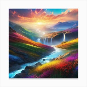 Colorful Landscape With A Waterfall Canvas Print