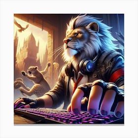Lion Playing A Computer Canvas Print